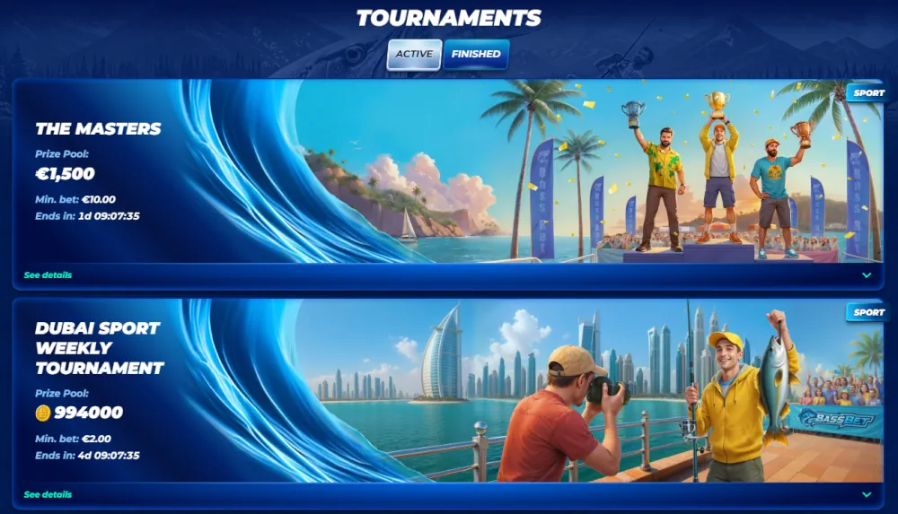 Striscioni del torneo BassBet per sport professionistici e competizioni di gioco.